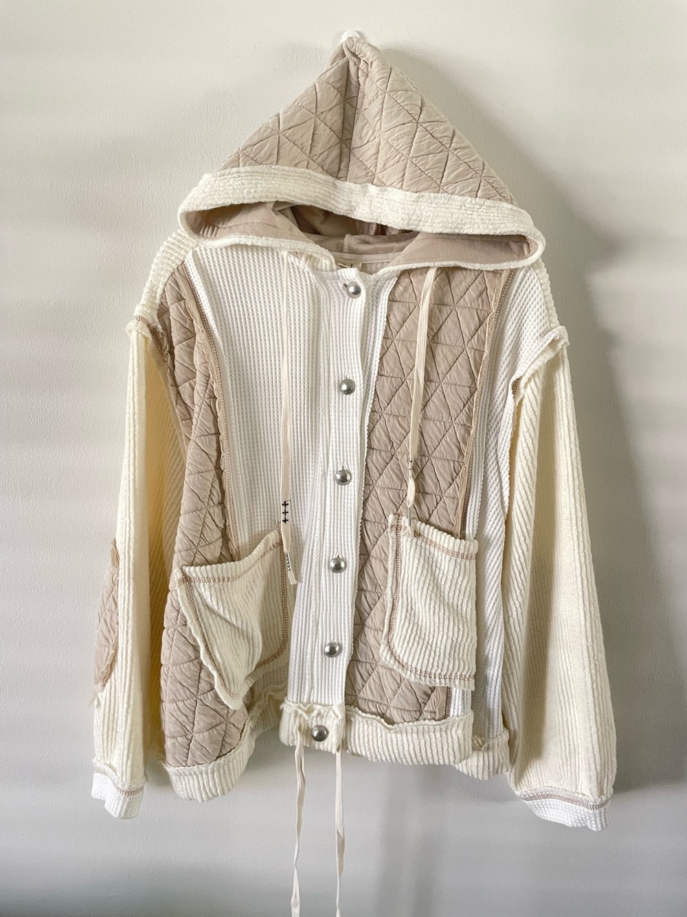 POL Quilted Waffle Knit Hooded Jacket Sz L Cream Tan Boxy Slouchy Granola Boho